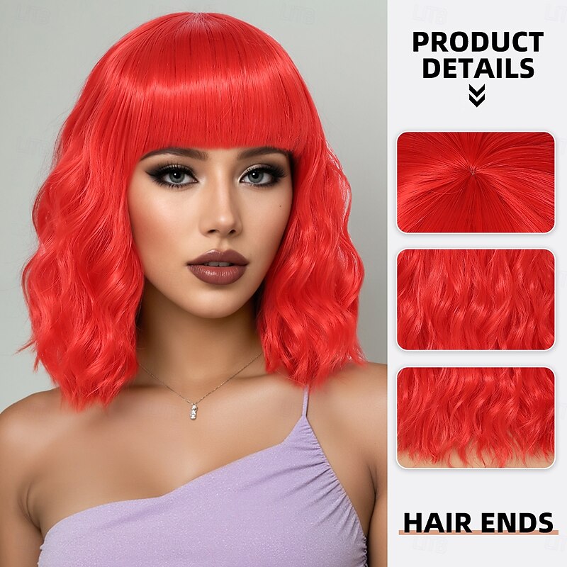 Synthetic Wig Wavy Water Wave Layered Haircut Neat Bang Machine Made Wig 14 inch A1 Synthetic Hair Women's Cool Classic Comfortable Red Multi-color2