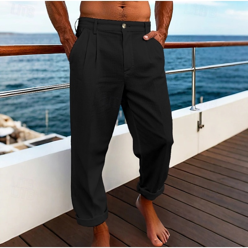 Men's Linen Pants Trousers Dress Pants Summer Pants Baggy Pants Front Pocket Straight Leg Plain Comfort Breathable Full Length Business Daily Holiday Vacation Fashion Black White4