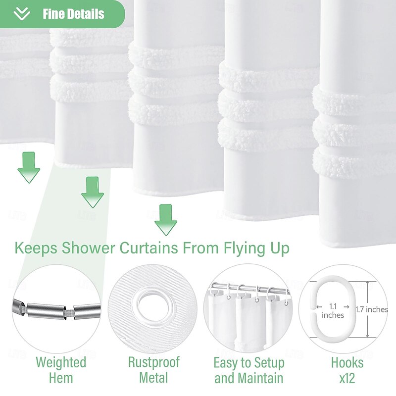 White Fabric Shower Curtain with Hooks, Tufted Chenille Striped Textured Cloth for Bathroom, Modern Farmhouse Shabby Chic Waterproof Shower Curtain Set, Machine Washable4