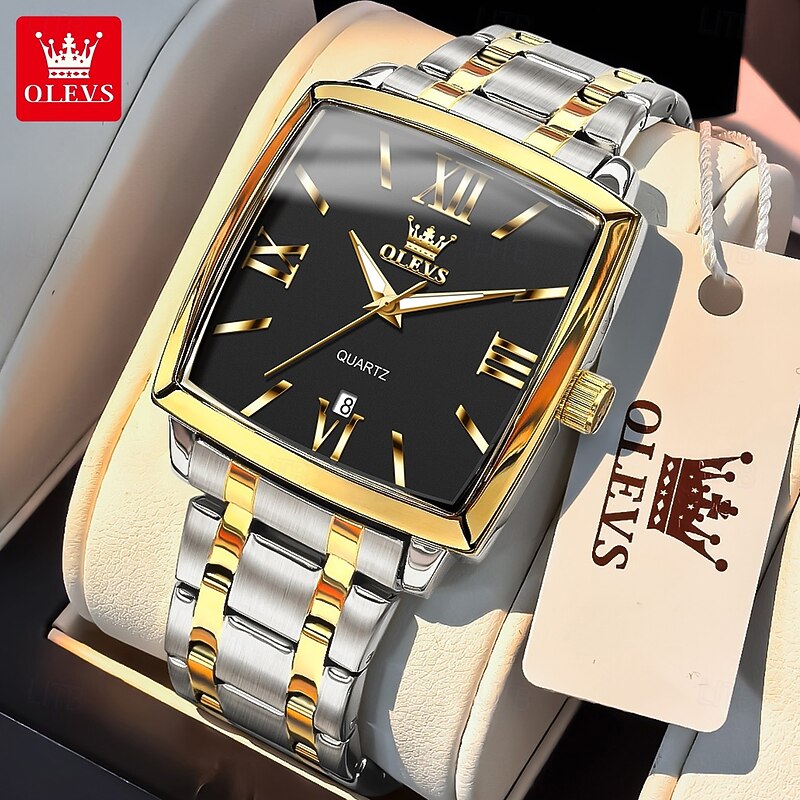 OLEVS 2969 Men's Fashion Square Watch, Waterproof, Luminous Stainless Steel, Automatic Date, Modern Quartz Movement