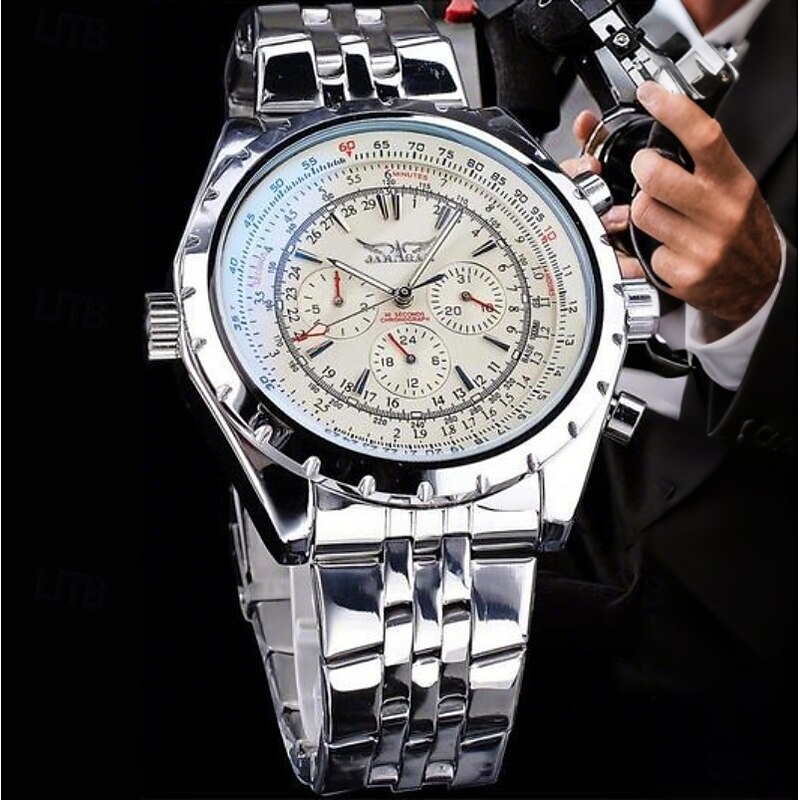 JARAGAR Mechanical Watch for Men Aviator Series Military True Men Sport Automatic Watch Luxury Stainless Steel Mechanical Male Clock Hour Luminous Wristwatch Blue Glass