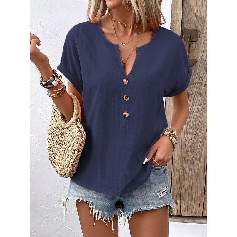 Women's Plus Size Summer Tops Solid Color Casual Short Sleeve V Neck Regular Tops Going out Weekend Buttons Black White Royal Blue Orange off-white Summer3
