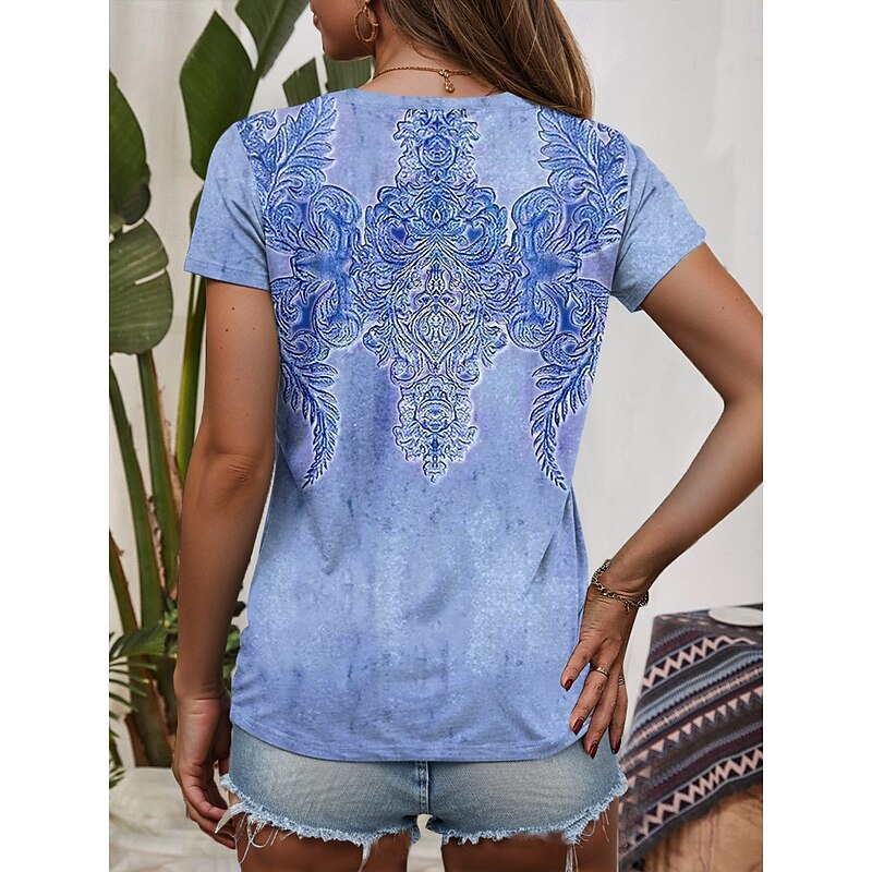 Women's T Shirt Graphic Geometric Paisley Vintage Ethnic Casual Short Sleeve V Neck Regular Tops Daily Print Blue Purple Green Summer Spring2