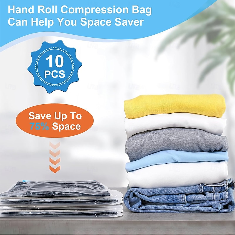 Compression Bags for Travel 10 PCS Space Saver Bags Hand Roll Vacuum Packing Bags for Travel No Vacuum Needed (3 Large 3 Medium 4 Small) Clothing Luggage Home Organizers Storage Bags4