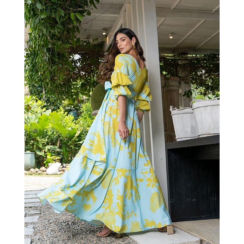 A-Line Floral Dress Beach Wedding Summer Maxi Dresses for Women Holiday Casual Dress Floor Length Long Sleeve V Neck  with Print Strappy  dress to impress Wedding Guest Dress3