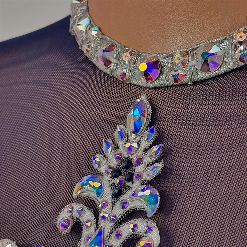 Figure Skating Dress Women's Girls' Ice Skating Dress Dark Navy Thumbhole Open Back Mesh High Elasticity Training Competition Skating Wear Classic Crystal / Rhinestone Long Sleeve Ice Skating Figure3