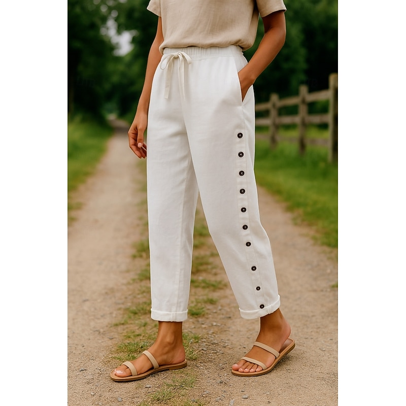 Women's Cotton Linen Pants Comfort Full Length High Waist Plain Pocket Elastic Waistband Comfy Outdoor Comfortable Street Daily Wear Going out Black White Blue Khaki Summer Regular Fit