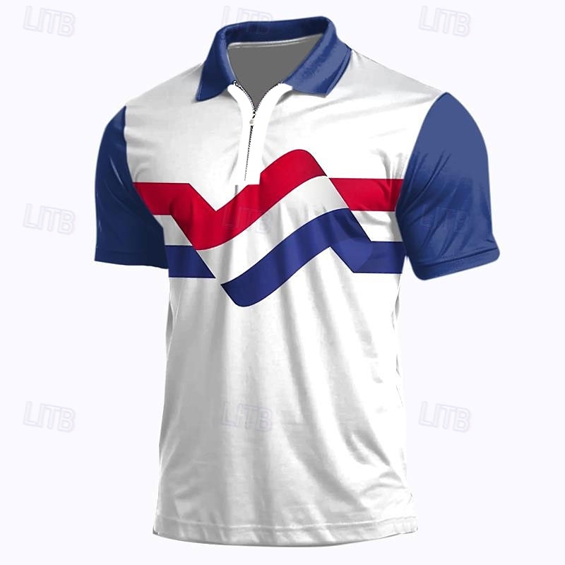 Men's Patriotic Sports Polo Shirts Golf Shirt Short Sleeve Polo Shirts Collared Shirts Casual Sportswear Vacation Wear 3D Print Quarter Zip Polo Spring & Summer White Blue4
