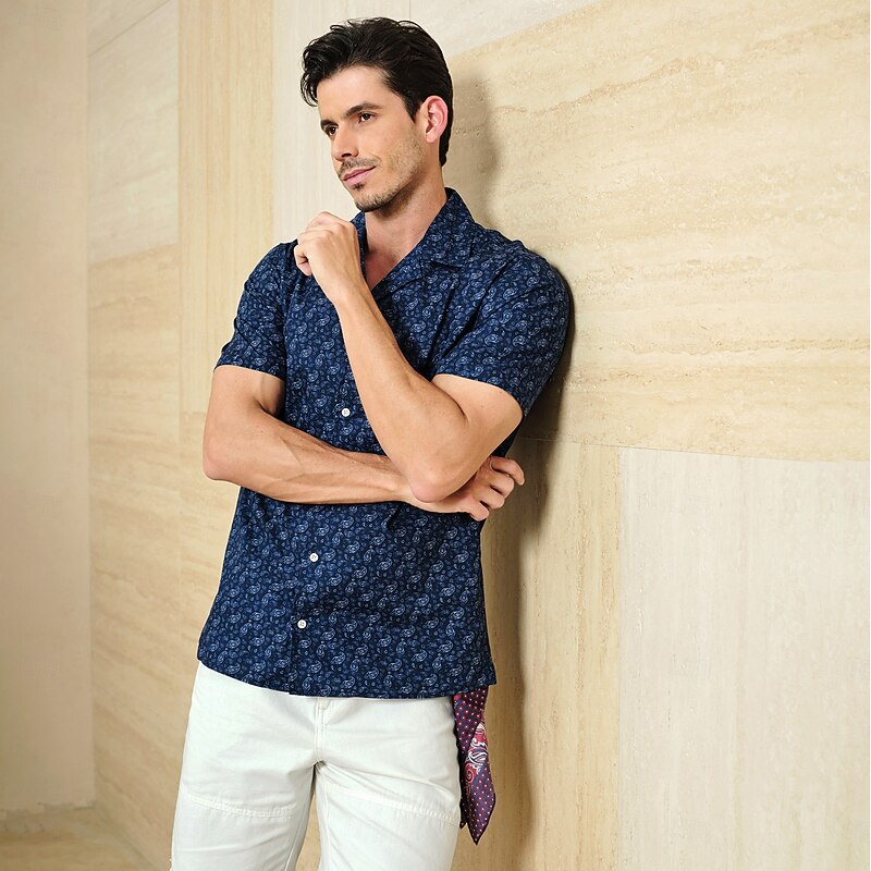 Men's Paisley Shirt Casual Shirt Camp Collar Shirt Long Sleeve Vintage Hawaiian Artistic School Performance Wedding Summer Spring Cuban Collar Button Up Navy Blue