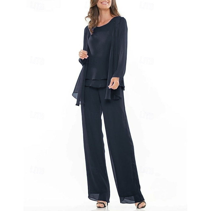 Pantsuit 3 Piece Mother of the Bride Dress Elegant Crew Neck Floor Length Chiffon Long Sleeve Wrap Included with Lace Tier Embroidery3