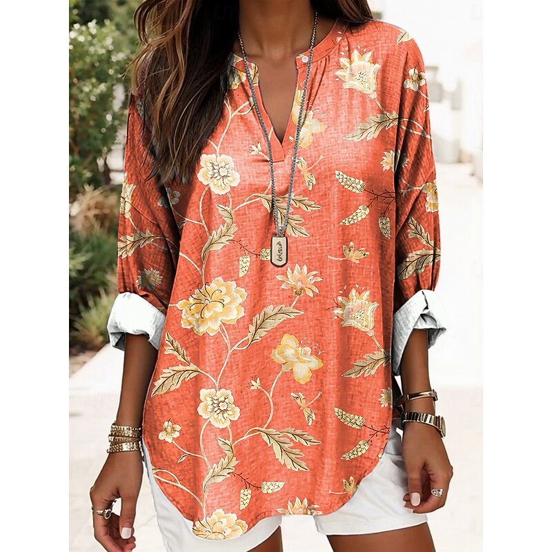 Women's Blouse Tunic V Neck Long Sleeve Boho Casual Tops Floral Graphic Vintage Daily Romantic Regular Tops Daily Wear Print Black Blue Purple Orange Light Grey4