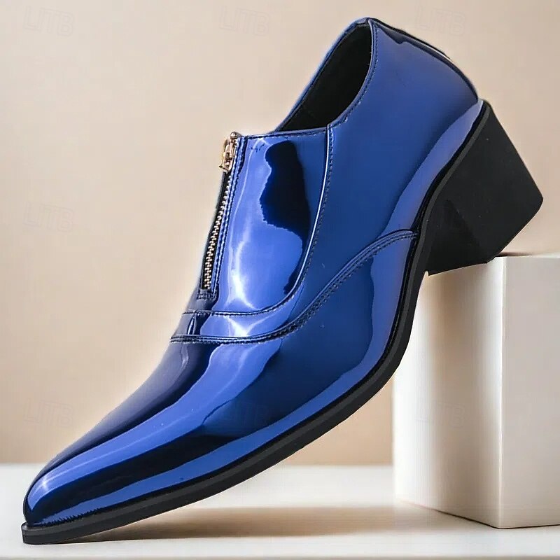 Shiny Blue Patent Leather Dress Shoes for Men with Zipper Closure - Trendy Dance Shoes for Special Occasions2