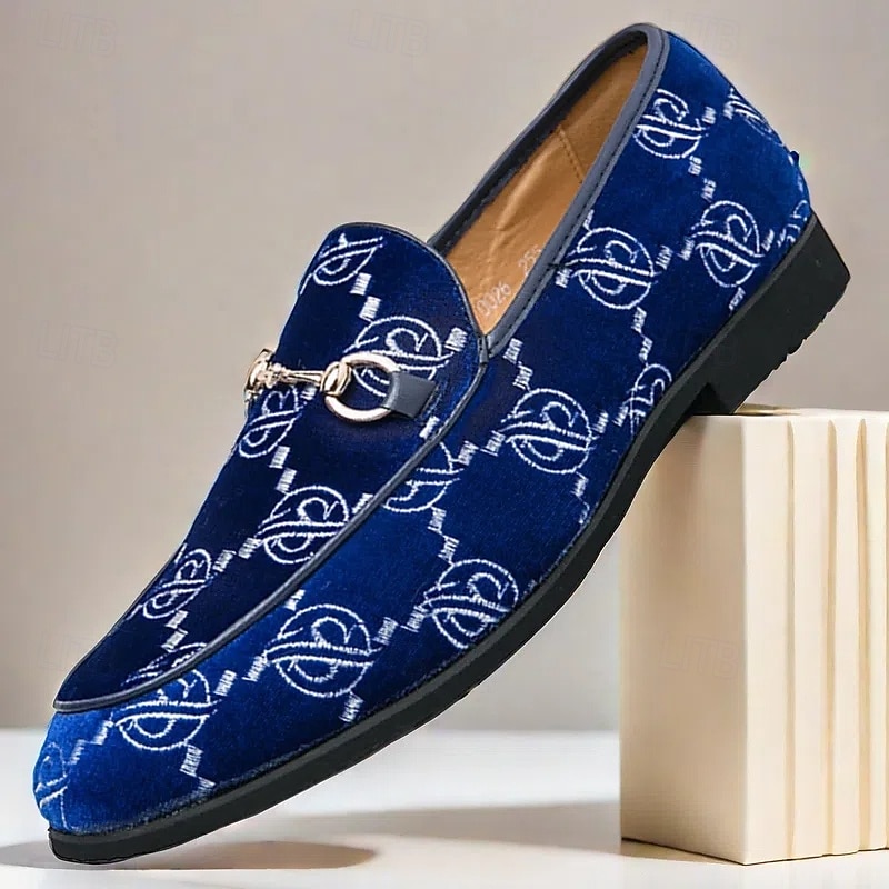 Men's Blue Embroidered Velvet Loafers with Metal Bit – Elegant Prom and Graduation Party Dress Shoes - Main Image