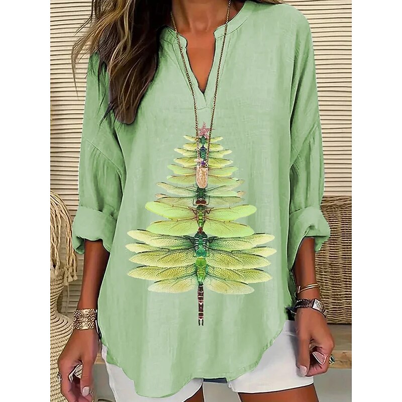 Women's Blouse Tunic V Neck Long Sleeve Boho Casual Tops Graphic Animal Vintage Tropical Regular Tops Daily Wear Print White Green