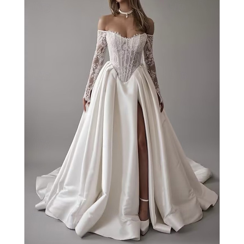 Bustier Drop Wait Wedding Dresses Ball Gown Off Shoulder With Detachable Sleeve Chapel Train Satin Bridal Gowns With Floral Lace Applique