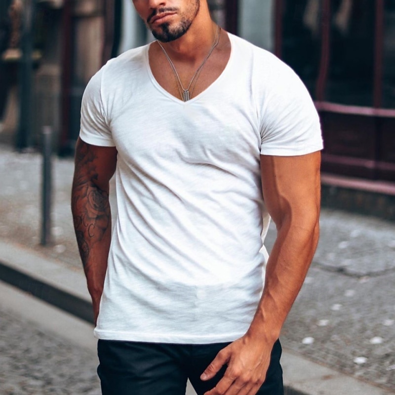 Men's T Shirt Moisture Wicking Shirts Bamboo T-shirt Short Sleeve V Neck Summer Spring Plain Retro Basic Casual V Neck Vintage Street Causal Casual White Top Tee for Men