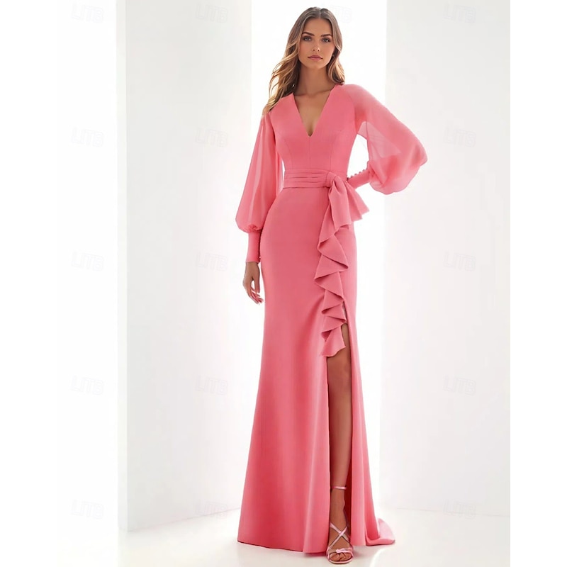 A-Line Evening Gown Elegant Dress Formal Floor Length Long Sleeve V Neck Chiffon with Ruffles Slit Butterfly