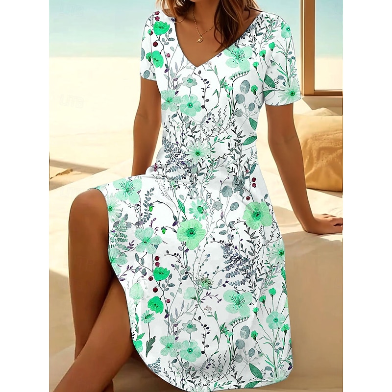 Women's Mini Dress T Shirt Dress Tee Dress Sundress Summer Dress Vacation Casual Beach Daily Going out Regular Fit Floral Graphic Short Sleeve V Neck Pink Blue Orange Green Summer3