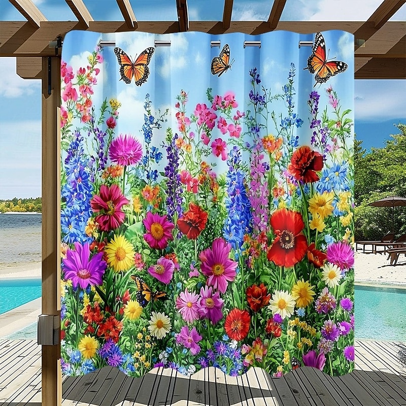Waterproof Outdoor Curtain Privacy, Sliding Patio Curtain Drapes, Pergola Curtains Grommet 3D Summer Floral Landscape For Gazebo, Balcony, Porch, Party, 1 Panel2
