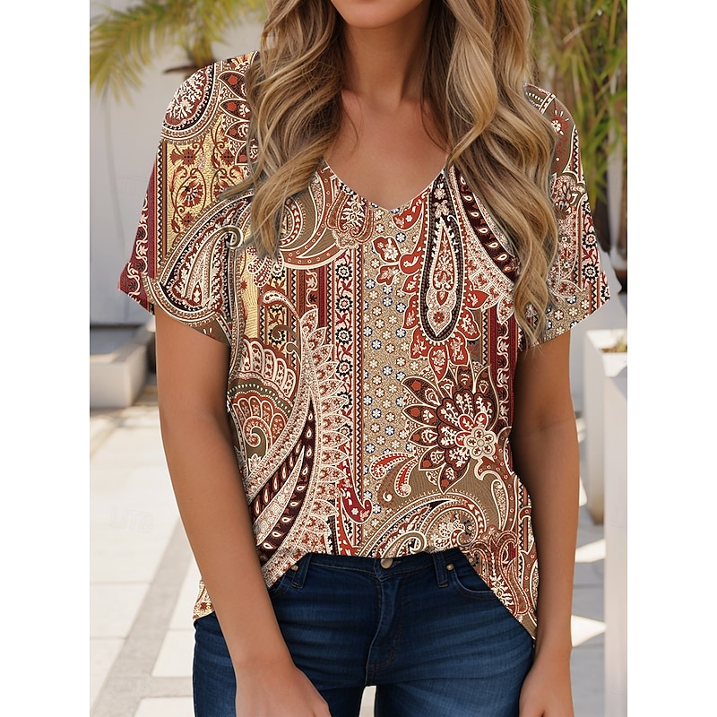 Women's T Shirt Boho Blouse Graphic Geometric Paisley Bohemia Vintage Casual Short Sleeve V Neck Regular Tops Daily Weekend Beach Wear Print Red Blue Orange Summer