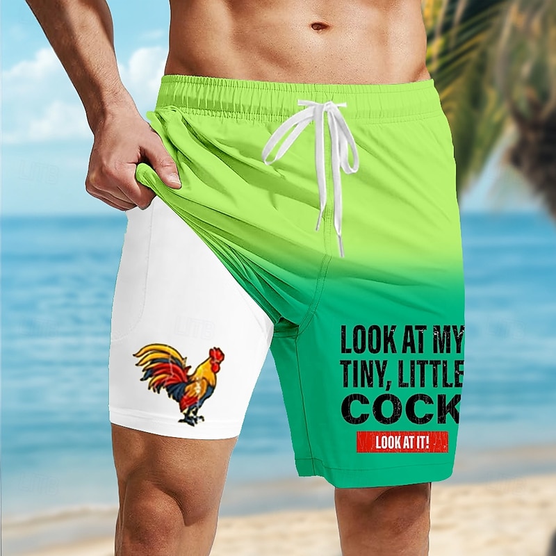 Men's Rooster Letter Printed Funny Lined Shorts 2 in 1 Board Shorts Swim Shorts Mid Waist Hawaiian Vacation Beach Wear Side Pockets With Compression Liner Elastic Drawstring Waist Designer Clothing3