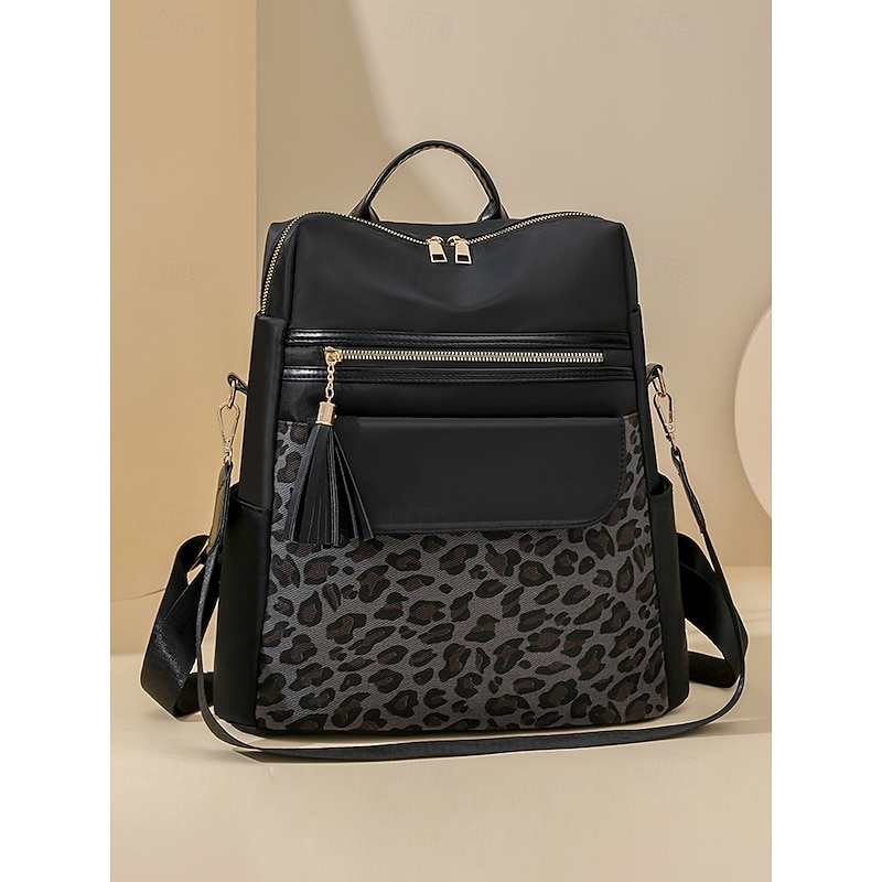 Women's leopard print fabric patchwork backpack, can be carried on one shoulder, with multiple zippers, perfect for school, travel and casual outings3