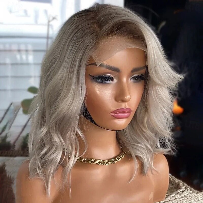 Brazilian Remy Human Hair Ombre Glueless 5x5 Lace Closure Wigs  Short Bob Wavy 13x4 Lace Front Wig Ash Blonde Human Hair Wig with Baby Hair Natural Hairline For Women3