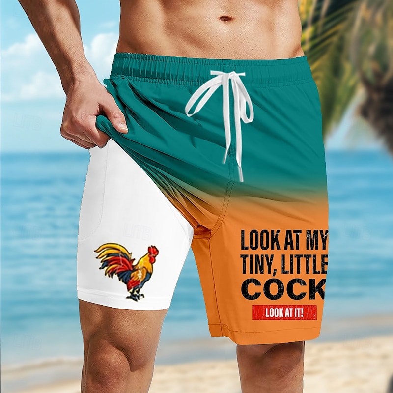 Men's Rooster Letter Printed Funny Lined Shorts 2 in 1 Board Shorts Swim Shorts Mid Waist Hawaiian Vacation Beach Wear Side Pockets With Compression Liner Elastic Drawstring Waist Designer Clothing