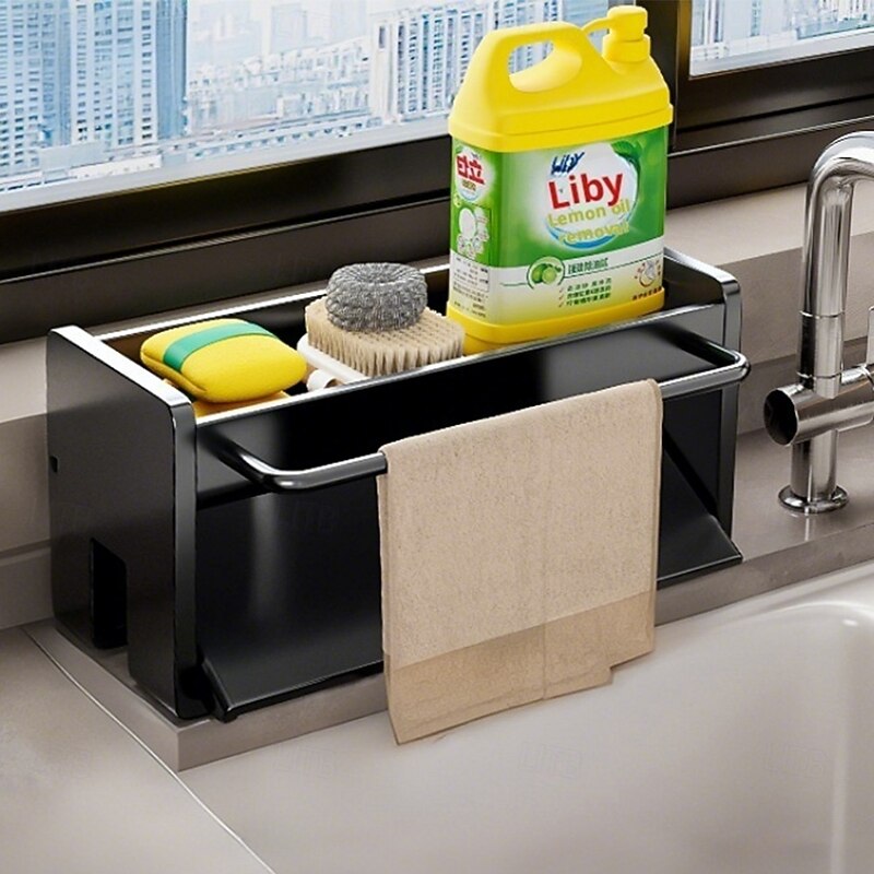 Installation-Free Kitchen Sink Holder, Sponge, Brush, Dishwashing Liquid, Sink Stopper, Soap Organizer, Thick Stainless Steel with Self-Draining Tray for Kitchen and Bathroom Organization