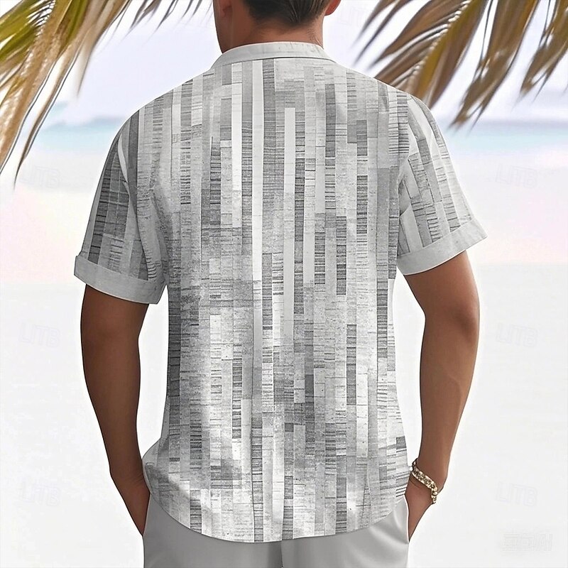 Men's Geometric Grid / Plaid Shirt Summer Shirt Button Up Shirt Short Sleeve Fashion Casual Vacation Holiday Streetwear Summer Turndown 3D Print Front One Pocket Linen Like Shirt Yellow Green Gray2