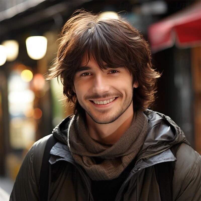 Short Mens Wig Brown Wigs for MenSynthetic Mens Wigs Fluffy 80s Wig for Party&Daily Use