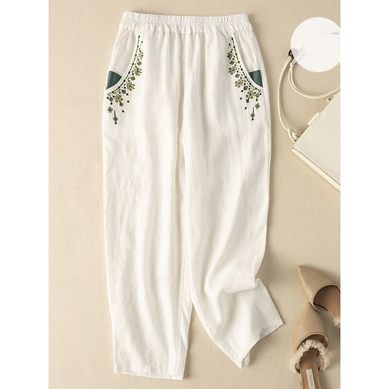 Women's Cotton Linen Pants Baggy Pants Chinos Fashion Streetwear Ethnic Style Full Length High Waist Floral Embroidered Pocket Elastic Waistband Comfy Soft Comfortable Micro-elastic Outdoor Street4