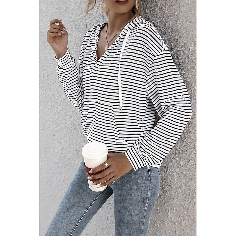 Women's Blouse Striped Casual Long Sleeve Hooded Regular Tops Daily Going out Pocket White Brown Summer2