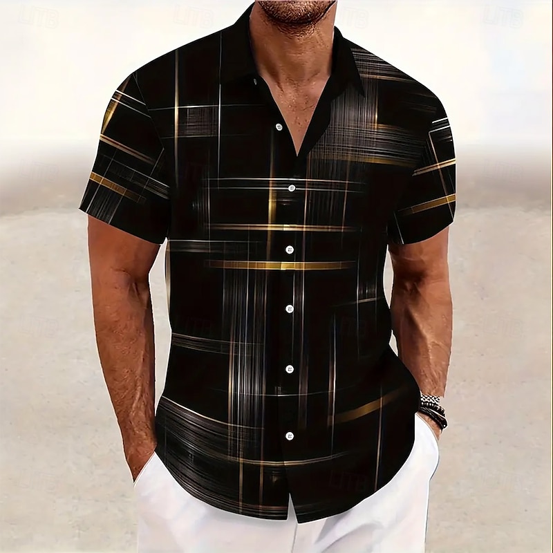 Men's Geometric Grid / Plaid Shirt Button Up Shirt Short Sleeve Fashion Casual Outdoor Vacation Streetwear Summer Spring Turndown 3D Print Collared Shirts Black Pink Army Green Blue Green