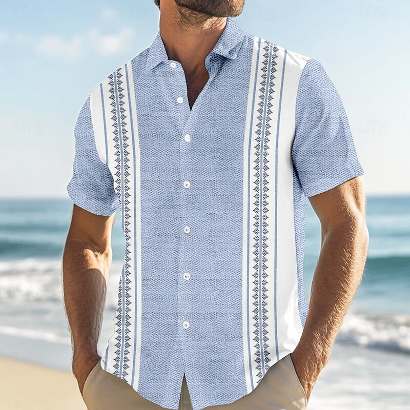 Men's Geometric Striped Shirt Guayabera Shirt Button Up Shirt Short Sleeve Fashion Casual Vacation Dailywear Beach Wear Summer Spring Turndown Button Up 3D Print Linen Like Shirt Pink Blue Green Gray