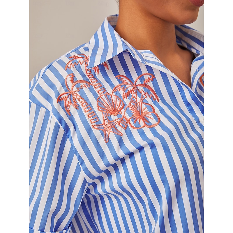 Women's Female Button Down Shirt Casual Shirt Tree Striped Casual T-shirt Sleeve Blue Embroidered Buttons Short Sleeve Elegant Vacation Casual Shirt Collar Summer3