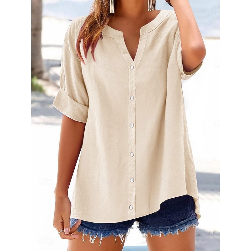 Women's Cotton Blouse Solid Color Elegant Casual Short Sleeve V Neck Regular Tops Daily Holiday Buttons Black Blue Purple Green Beige Summer Spring4