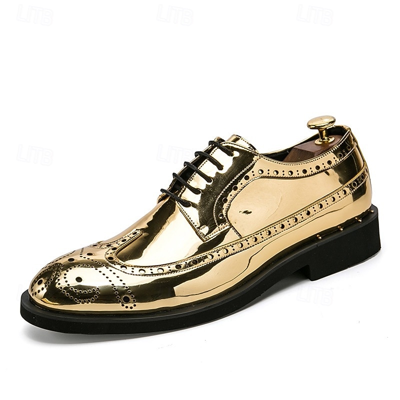 Men's Silver Metallic Oxford Brogue Shoes - Shiny Lace-Up Dress Shoes with Rugged Sole for Formal Events and Parties4