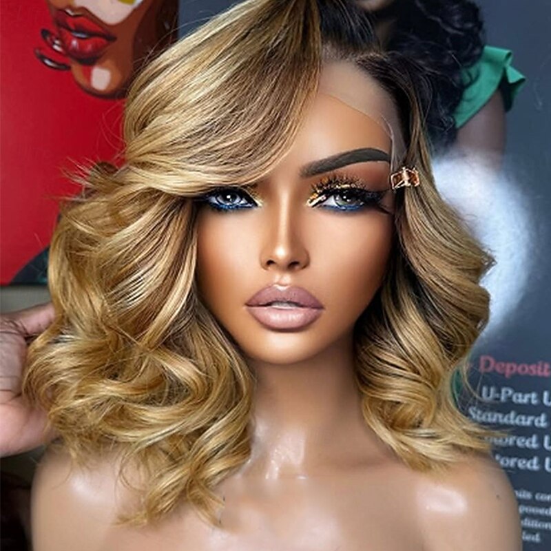 Remy Human Hair 5x5 Closure 13x4 Lace Front Wig Short Bob Brazilian Hair Loose Wave Multi-color Wig 130% 150% Density Highlighted / Balayage Hair Natural Hairline 100% Virgin Glueless Pre-Plucked For4