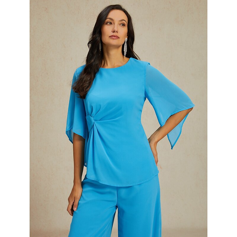 Women's Elegant Stylish Blouse Pants Trousers Half Sleeve Crew Neck Plain Ruched Wedding Guest Daily Blue Summer Regular Fit3