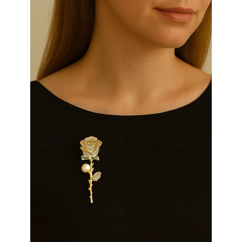 Elegant Rose Flower Brooch with Pearl – Rhinestone Encrusted Vintage Pin for Women, Ideal for Mother's Day Gift, Formal Events & Blazers2