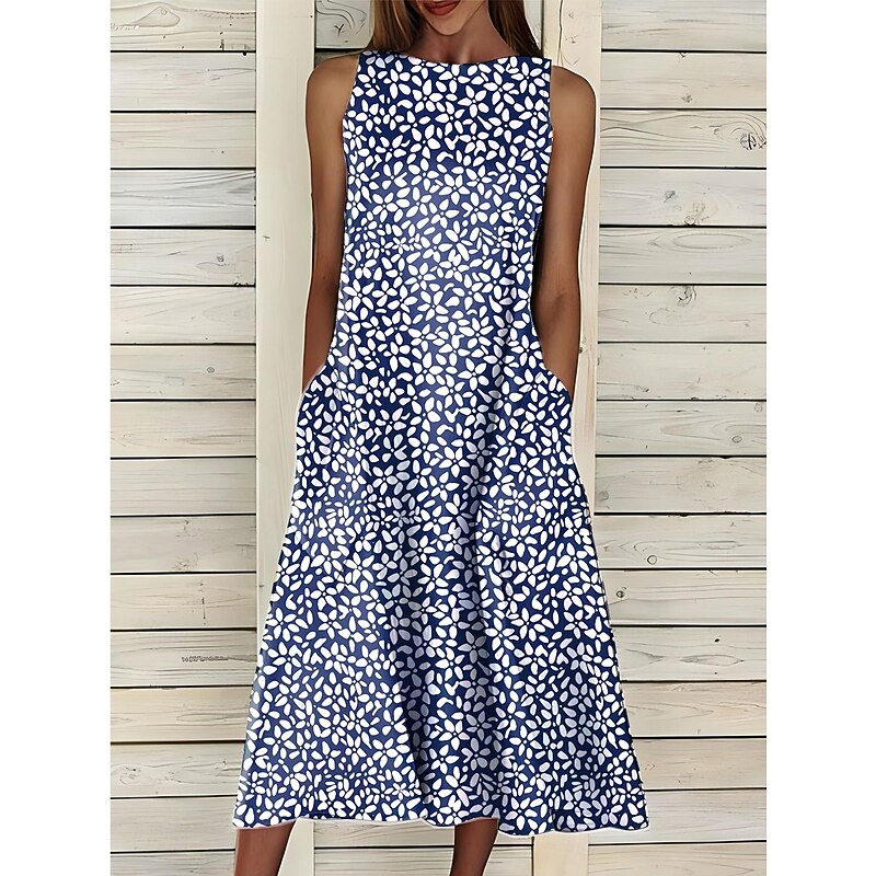 Women's Midi Dress Sundress A Line Dress Summer Dress Vacation Casual Cocktail Birthday Daily Holiday Regular Fit Floral Graphic Sleeveless Crew Neck White Blue Sky Blue Green Summer2