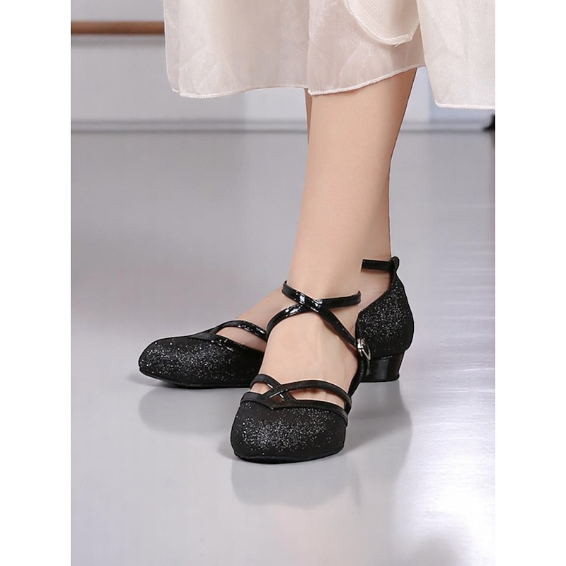 Women's Black Glitter Low Heel Dance Shoes – Sparkly Ankle Strap Ballroom Shoes for Girls & Ladies' Performance or Practice2