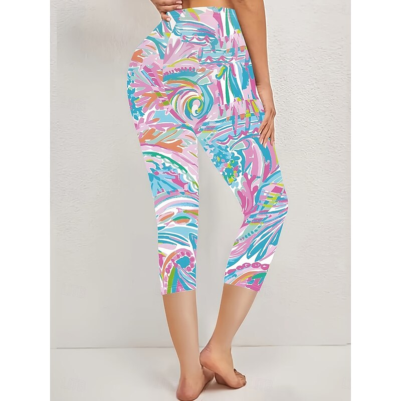 Women's Leggings Capri Pants High Elasticity Vacation Vintage Fashion Calf-Length High Waist Graphic Geometric Abstract Printing Breathable Soft Stretchy Formal Vacation Office Pink Summer Spring2