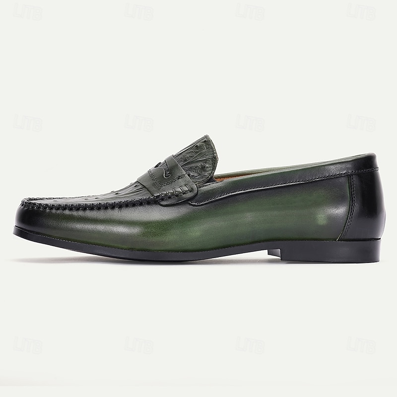 Men's Green Leather Loafers with Crocodile Pattern – Kentucky Derby Shoes for Casual and Semi-Formal Events3