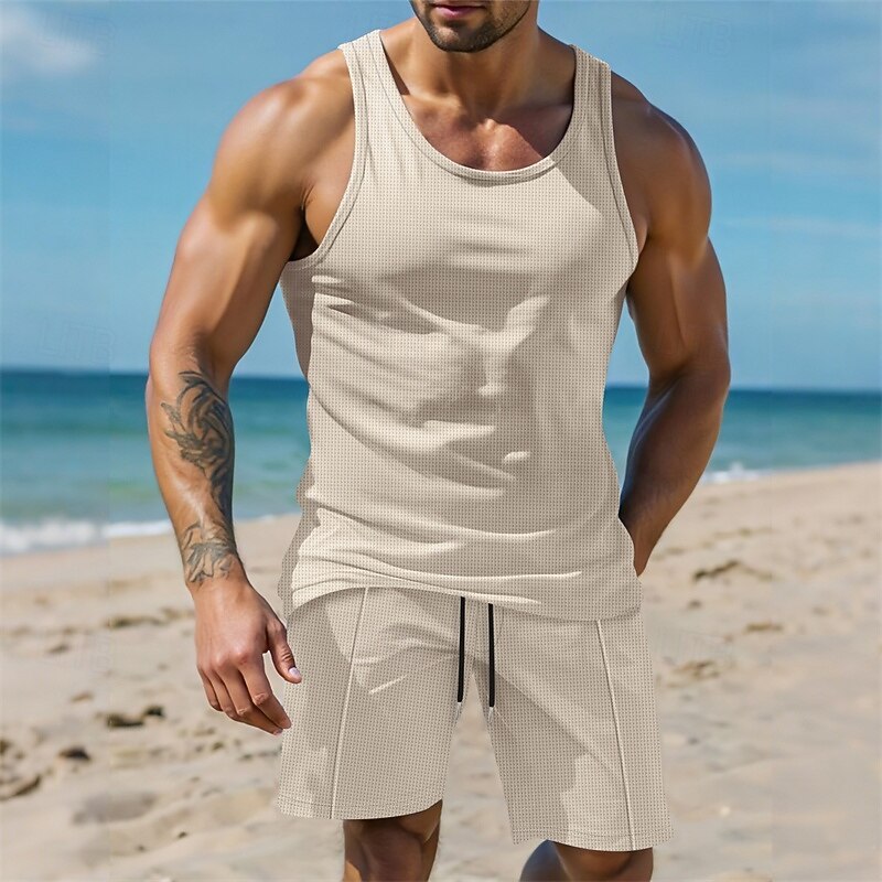 Men's Tank Vest T-shirt Suits 2 Pieces Outfits Sleeveless Crew Neck Summer Plain Fashion Casual 2 Piece Vacation Daily Wear Going out White Wine Dark Green Top Tee for Men4