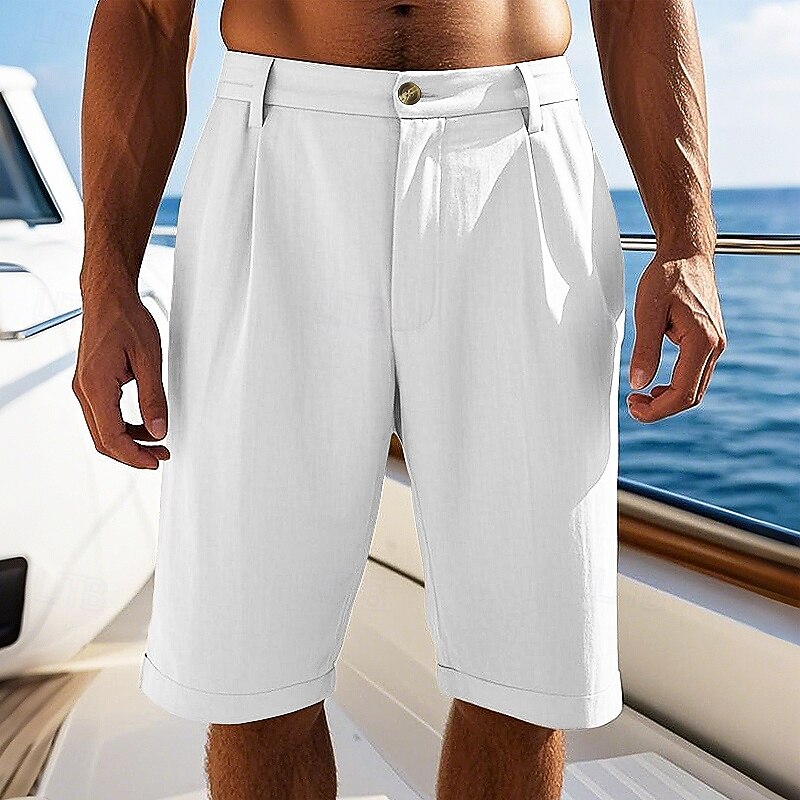 Men's Shorts Linen Shorts Summer Shorts Beach Shorts Pocket Shirred Plain Comfort Breathable Short Vacation Holiday Beach Hawaiian Boho Black White