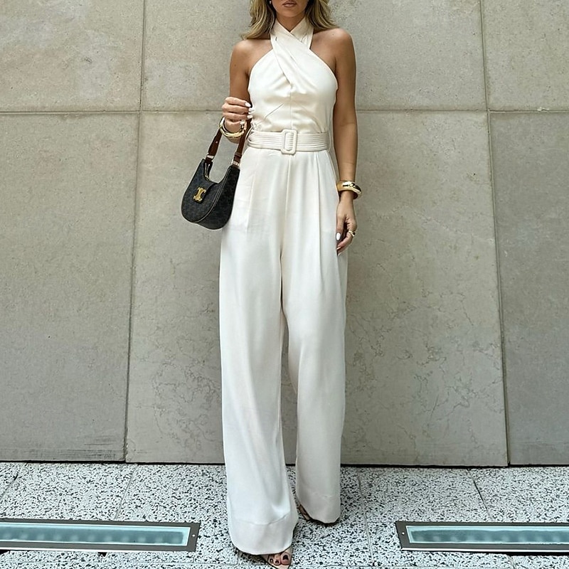 Women's Normal Two Piece Sets Streetwear Solid Color Sleeveless Straight Halter Neck Pocket Street Daily Regular Fit White Summer4