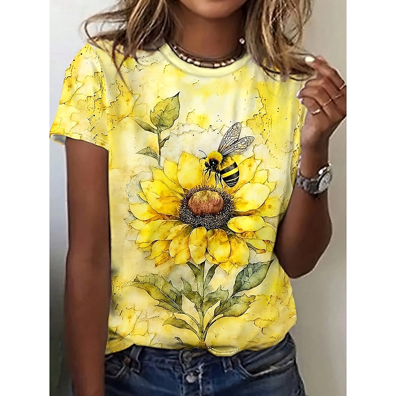 Women's T Shirt Floral Graphic Sunflower Vintage Stylish Classic Short Sleeve Crew Neck Round Neck Regular Tops Daily Print Yellow Summer Spring