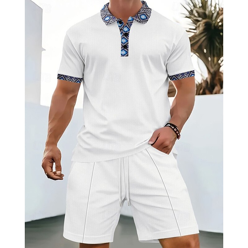 Men's Waffle Shirt T-shirt Suits 2 Pieces Outfits Tee & Shorts Short Sleeve Lapel Summer Plain Fashion Casual Patchwork 2 Piece Vacation Daily Wear Going out Black White Royal Blue Top Tee for Men